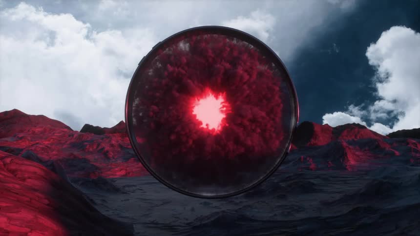 A red alien smoke portal is floating on a distant planet surface