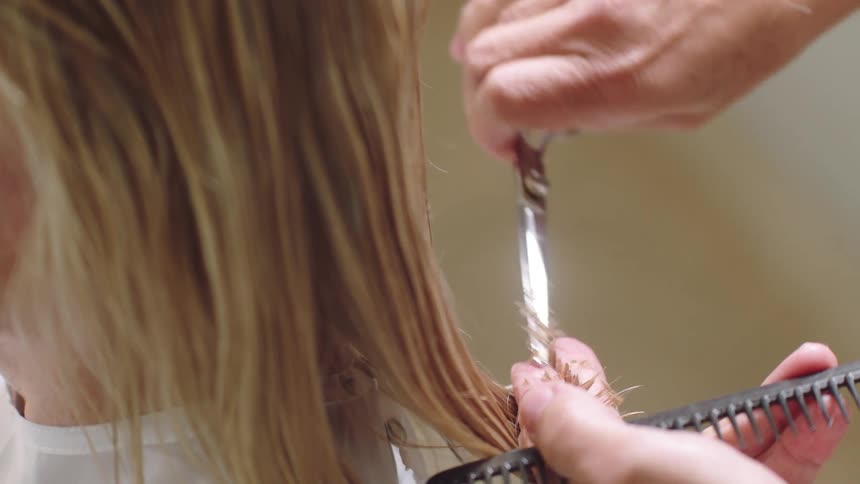 A hairdresser cuts a womans hair