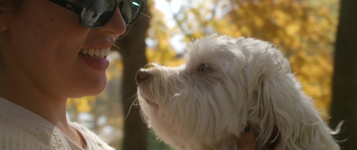 A woman is playing with her dog while sitting outdoors