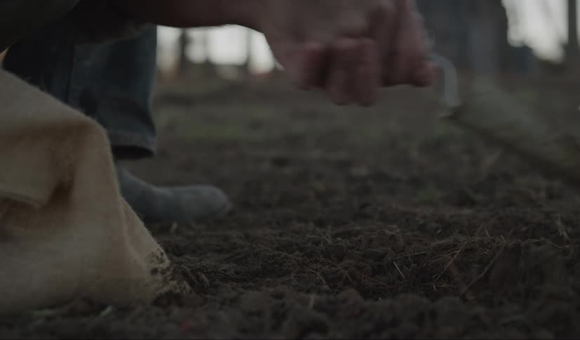 A person with a tool digging in the soil with the sky and clouds in the background