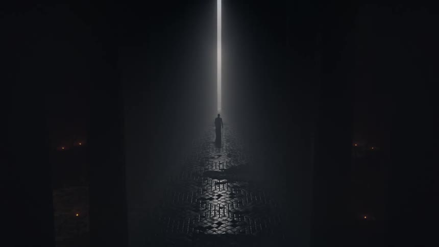 A person walks through the huge doors