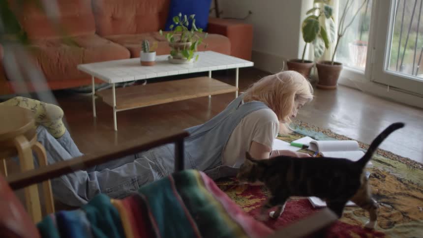 A woman laying on the floor on a rug writing in a book as a cat walks by
