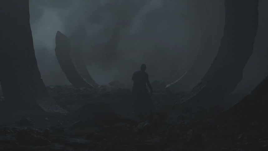 A man standing on futuristic apocalyptic ruins during a storm at night