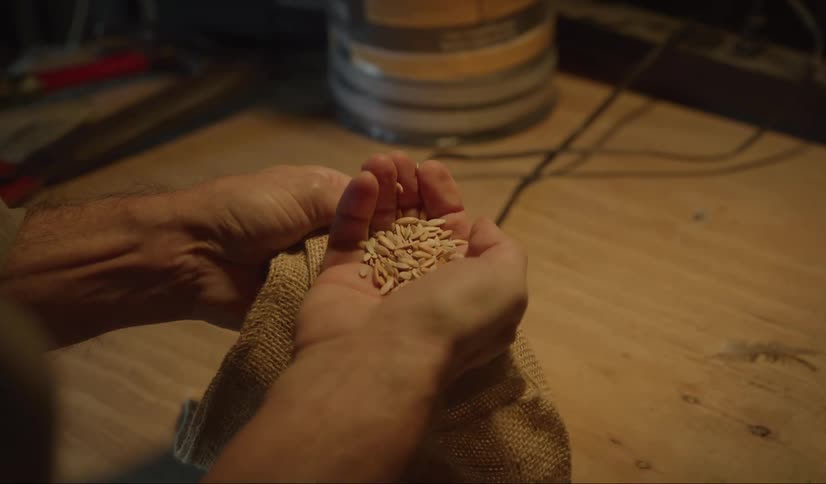 A man takes grain out of a sack