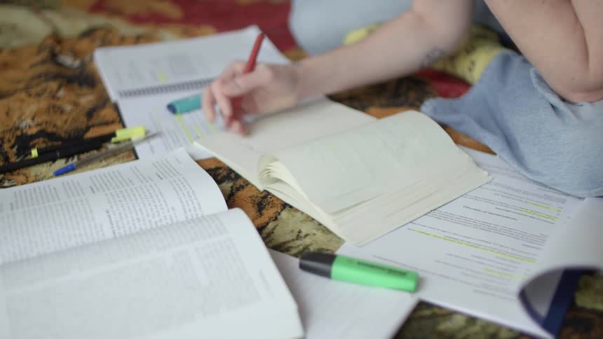 Young woman sitting over a rug in the living room studying and taking notes