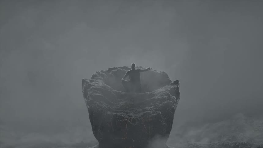 A man sitting on a tall rock as people walk across
