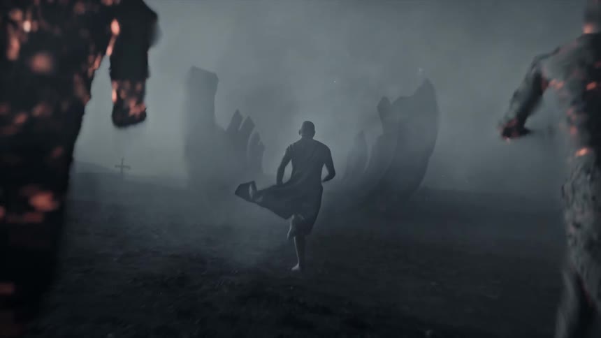 Computer graphic special efects man escaping from two monsters in a fantasy dark scenario