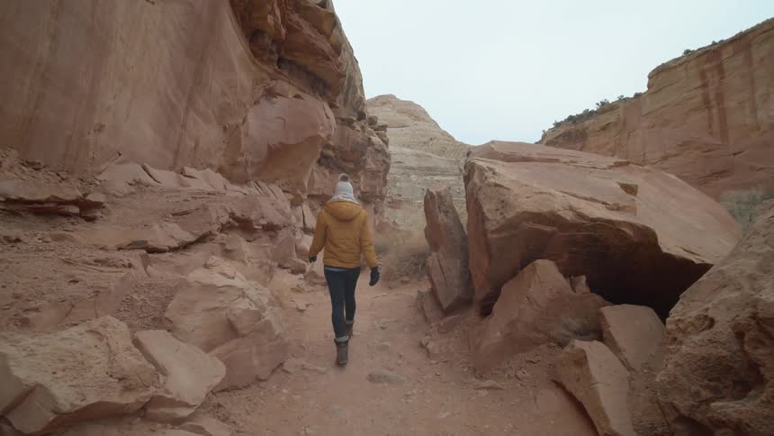 A person wearing a coat and beanie walks a dry desert mountain