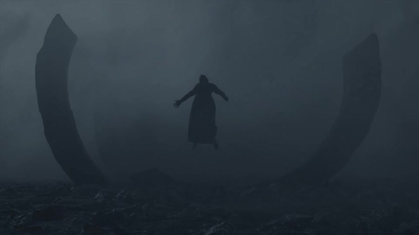 Surreal footage of a person floating up off the ground in to the fog