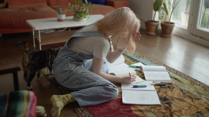 A blonde woman sits on the floor with books around her as a cat walks past in the living room