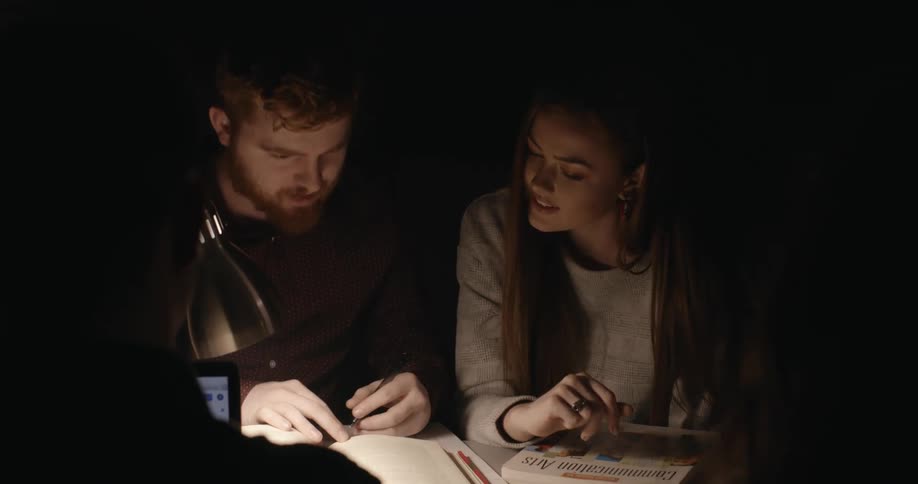 Two friends are looking at a book and studying together