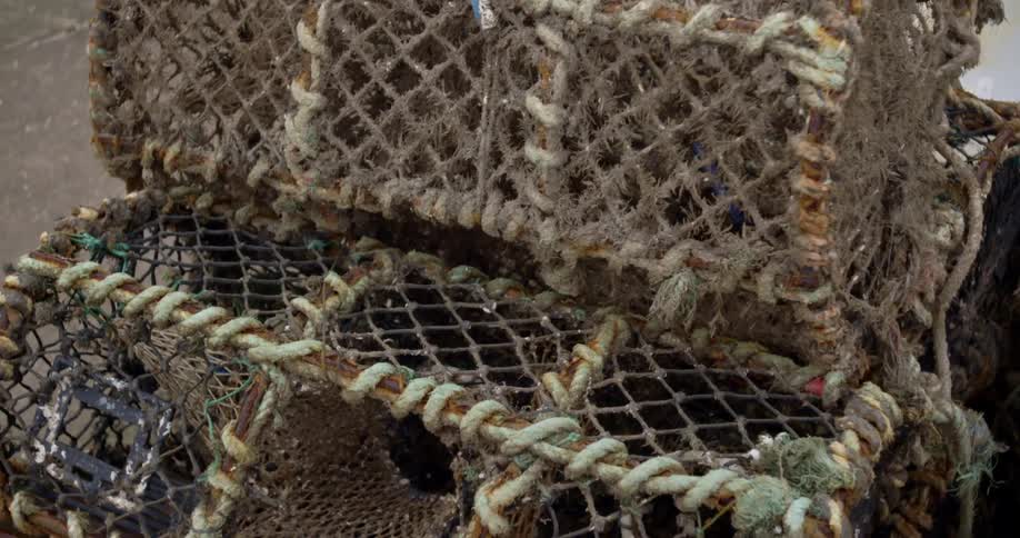 A stack of lobster cages next to rope and a container