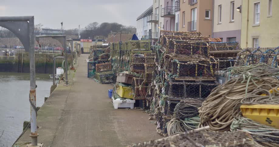 Rows of fish traps stacked on a dock on a cloudy day
