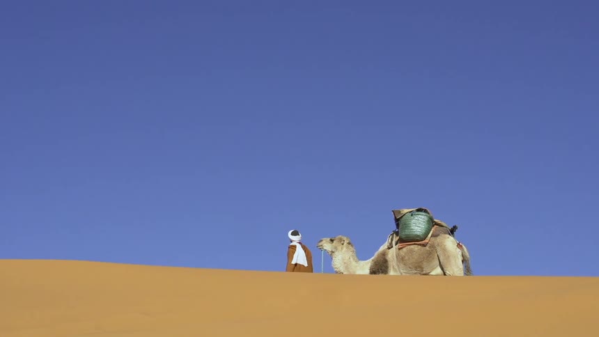 Man guides camel laden with packages over desert hill under blue sky