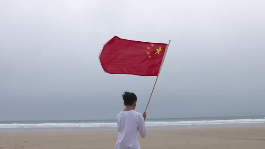 A child is walking on the beach while holding a flag