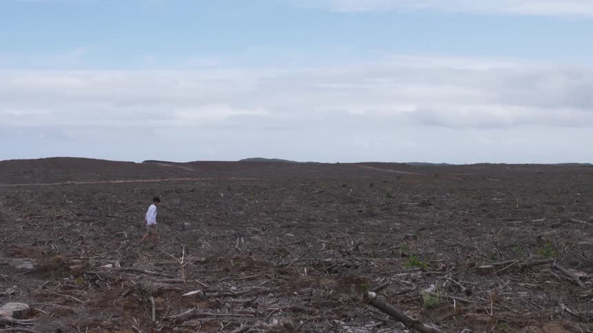 A boy with a white shirt walking on a landscape with the sky and clouds in the background
