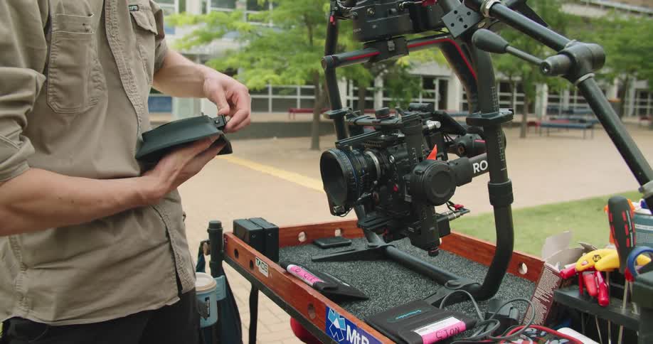 A man is changing the lens on a camera outside in front of a large white building