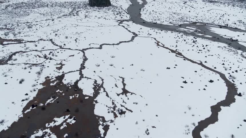 Tilt up reveal of a small stand of pine trees growing on snow covered wetlands with many small streams and tributaries