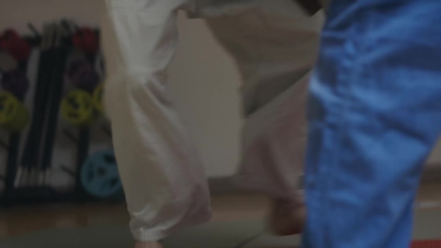 Two men in a room on a mat practicing martial arts