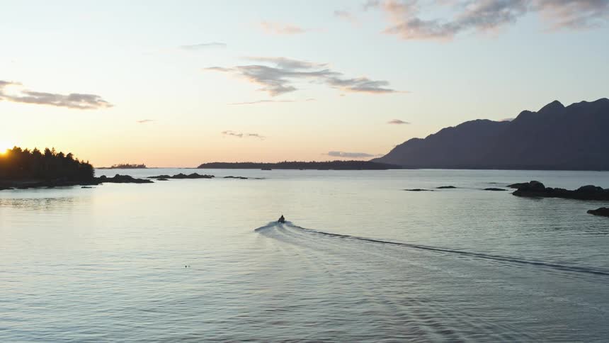 Two people in a boat on a lake as the sun sets