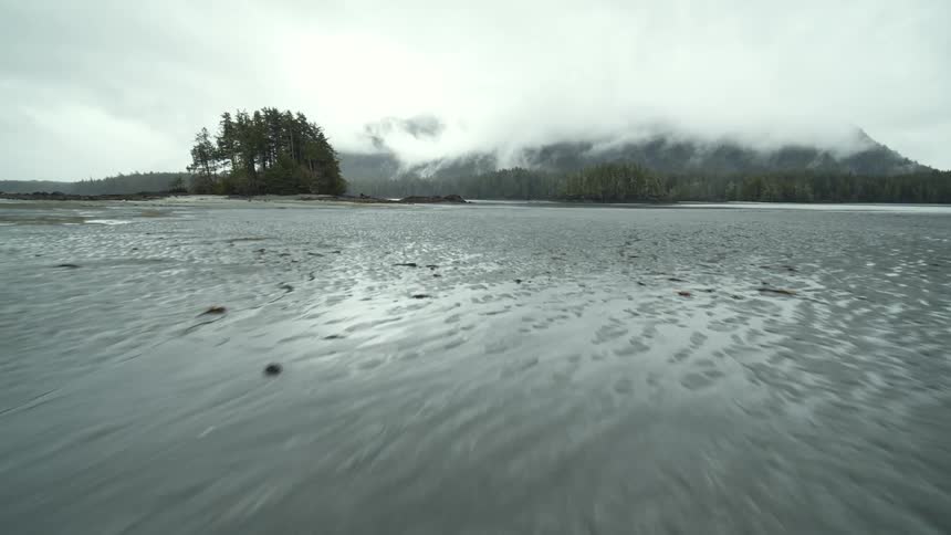 Water in a lake with the shore in the distance