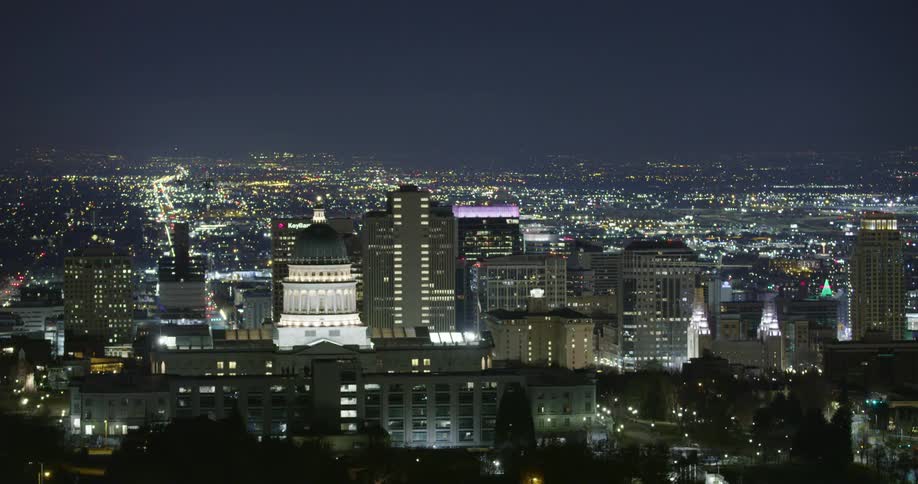 Aerial view of the skyline of tall skyscrapers in the citys downtown at night