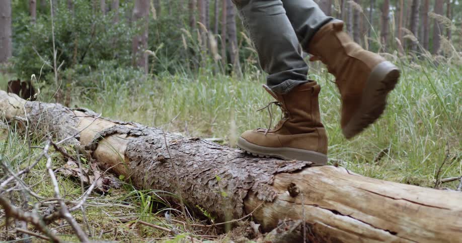 A person in boots walks atop a fallen log in a woodland during the day