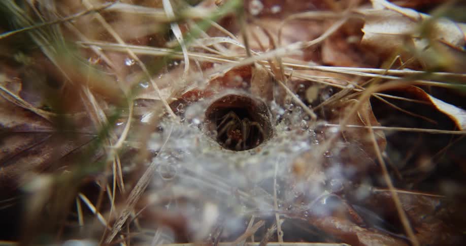 A close up of a hold in the earth with webbing and a spider inside