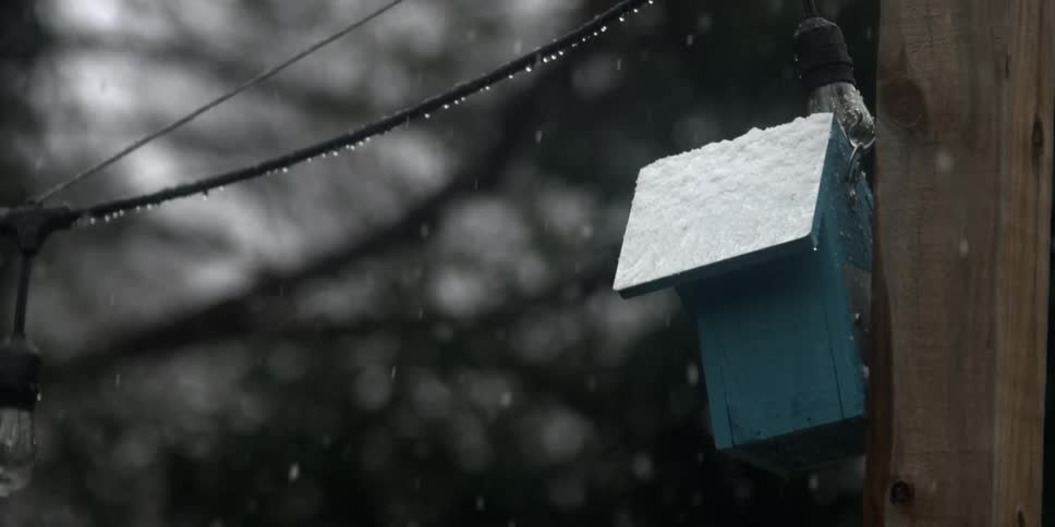 Snowflakes falling over the cables on an utility pole at winter