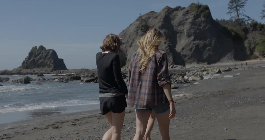 Three women walk along the beach together
