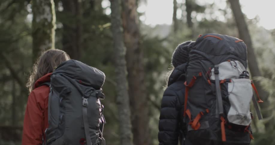 Two women hikers walking through the wilderness on a chilly day