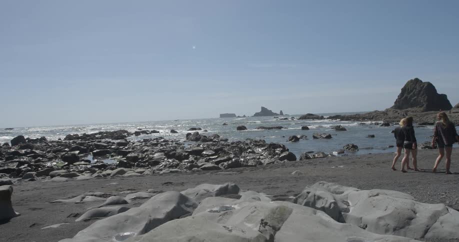 Women walk by some rocks near the shore
