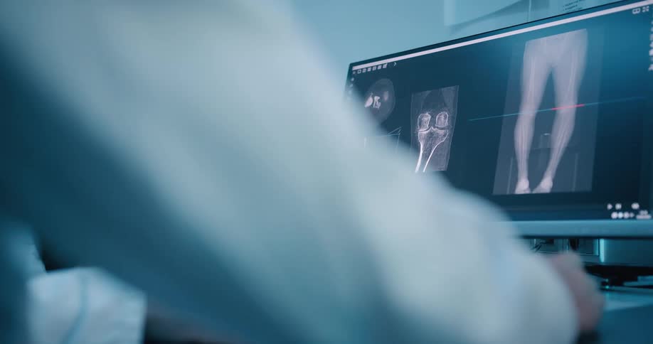 A medical professional holding a computer mouse and scrolling while reviewing radiology imaging data