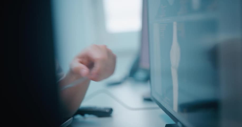 An office worker looks and points at an x ray of a leg bone on a computer monitor