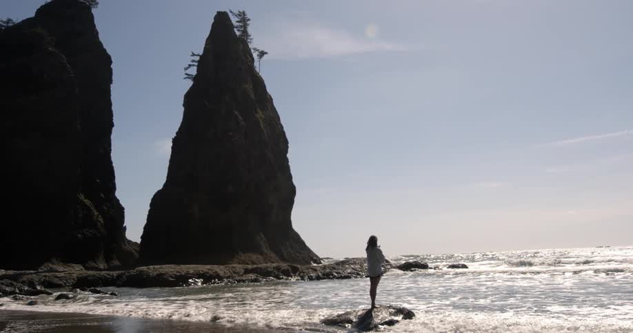 A woman stands on a rock on the beach