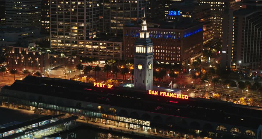 Aerial view of the piers in the port of san francisco at night