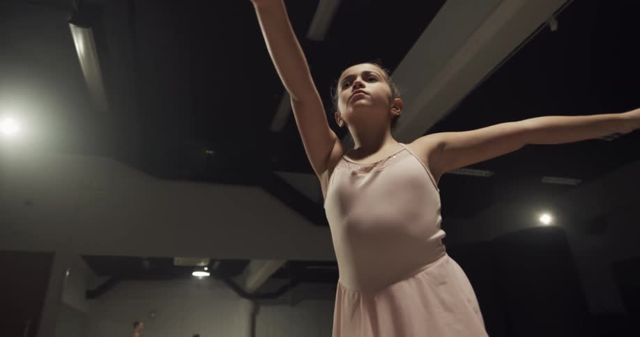 A young girl in a pink ballet leotard is instructed by a female ballet instructor