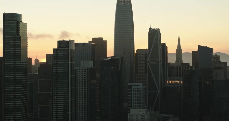 Aerial view of san francisco city downtown skyline at sunset