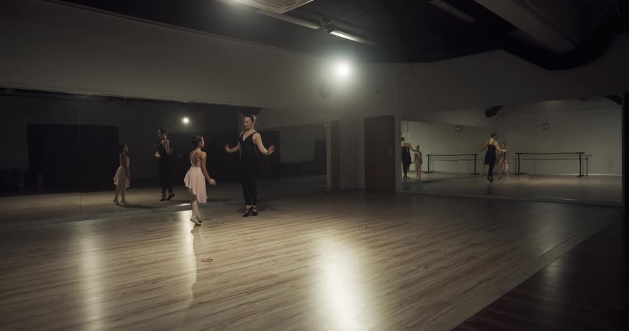 A woman and a girl dancing in a dance studio with a mirror and a door in the background