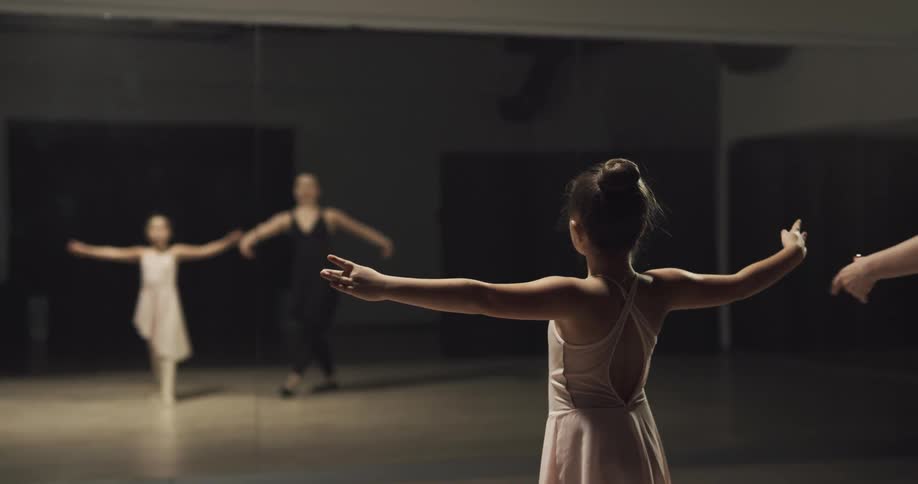 A dance teacher instructs a little girl in front of a mirror