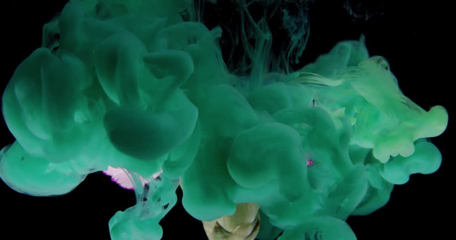 A cloud of green dye blasts down and covers a carnation against a black background