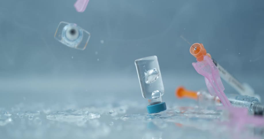 Syringes are on a white surface with water and are vibrated off the surface