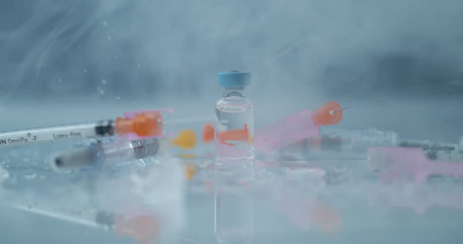 Ampoules and syringes spinning under white smoke over a wet reflective surface