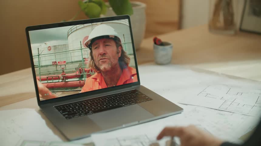 A man with blueprints talking to someone on a video call