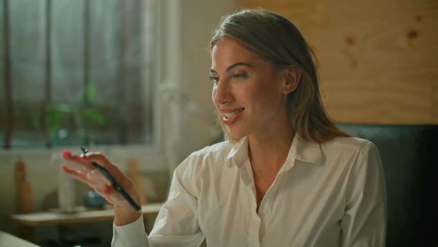 A woman in a white button up shirt video chatting while working at a desk