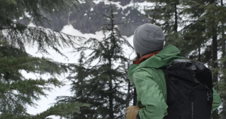 A man stands before a mountain with trees around it