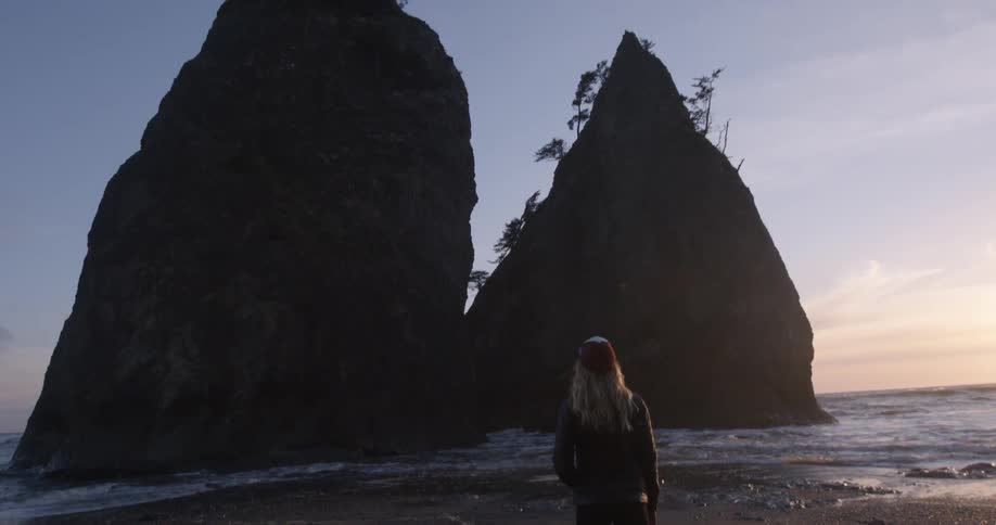 A woman stands on a beach looking at pillars of rock