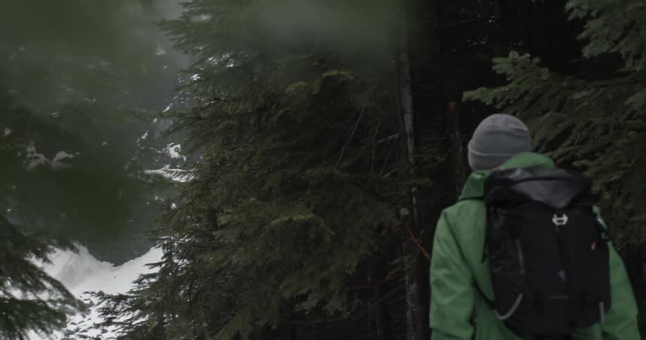 A man hiking through woods during the winter