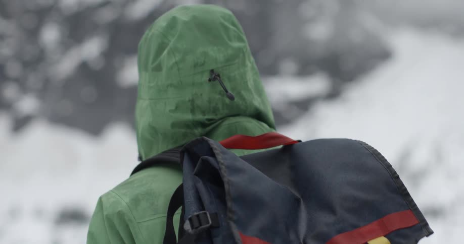 A person is standing before a snow covered mountain