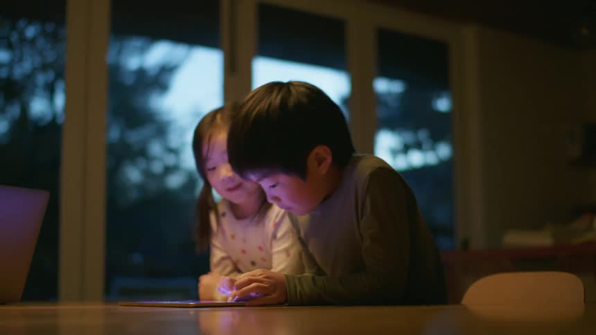 A young brother and sister playing with a tablet at a table indoors